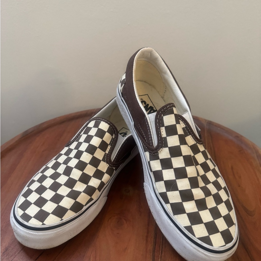 Vans Brown and White Checkerboard Slip-Ons